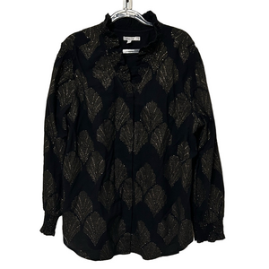 🛼Chico’s size 3/us16 Black Blouse ruffle neck Gold metallic Leaf Design GUC..
